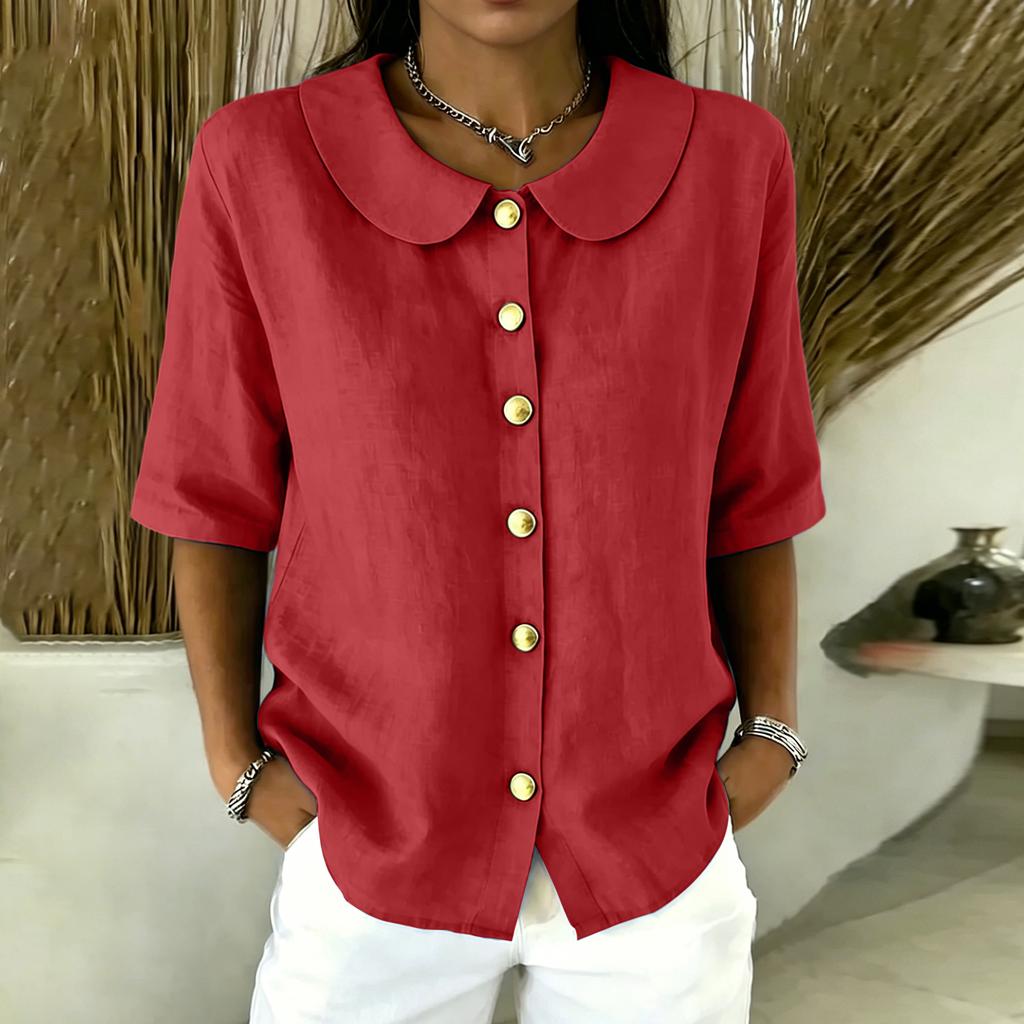 Women Button Front Short Sleeve Shirt Elegant Collar Blouse Casual Loose Fit Summer Top Lightweight Breathable Fabric