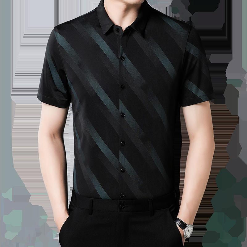 

Летняя новая стильная полосатая рубашка с короткими рукавами для мужчин молодого и среднего возраста, модный повседневный деловой топ с лацканами и половиной рукавов XXXXL зелёный