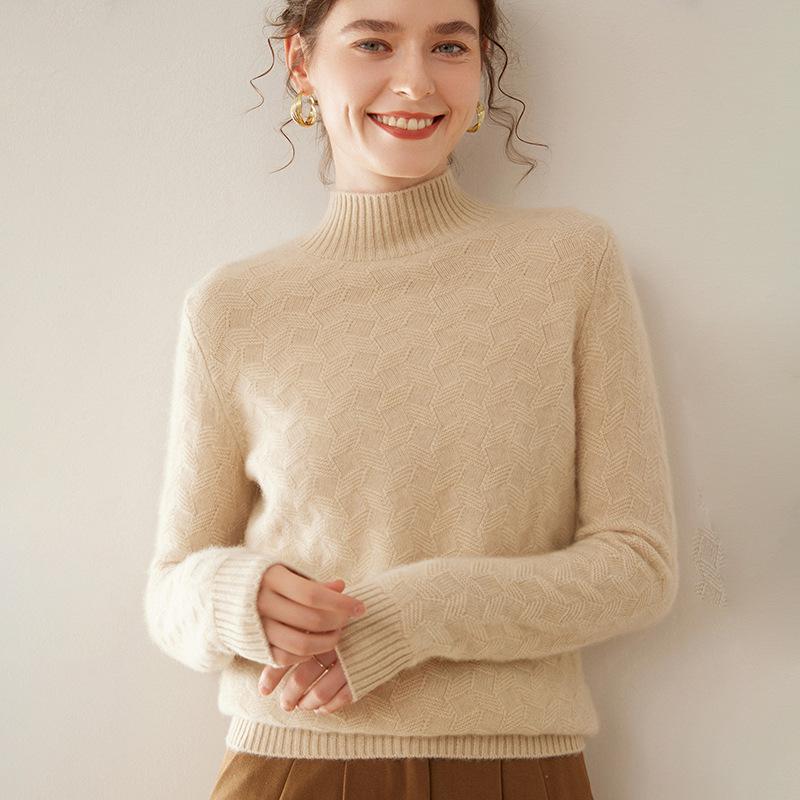 Twisted Flower Half-High Collar Cashmere Knit Sweater - Women's Loose Solid Color Casual Pullover, Long Sleeve Warm Top