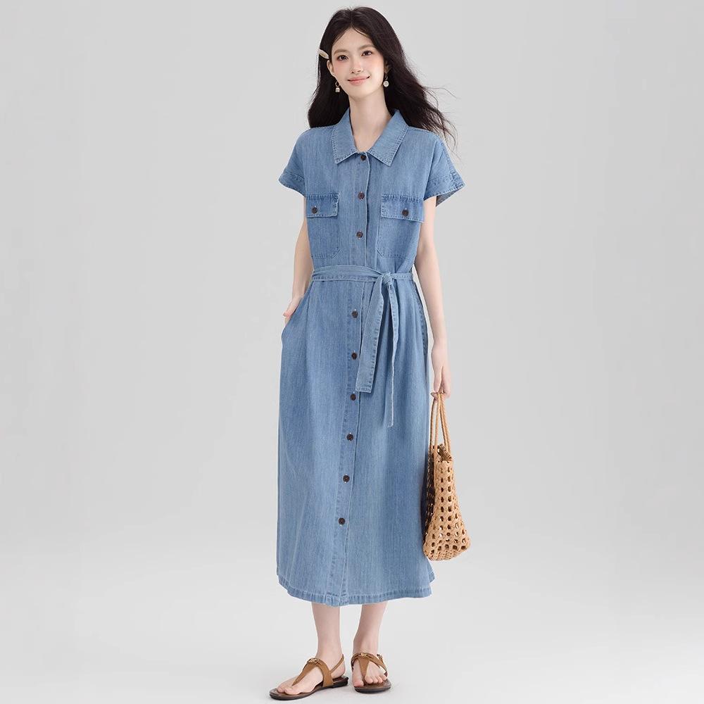 Retro Temperament Strap Waist Denim Dress Women's Summer Beautiful Short-sleeved Skirt
