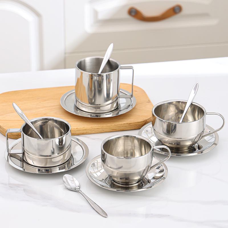 304 Stainless Steel Coffee Set: Double-Wall Insulated European-Style Cup, Saucer, Spoon, Anti-Scald, Custom Logo Option