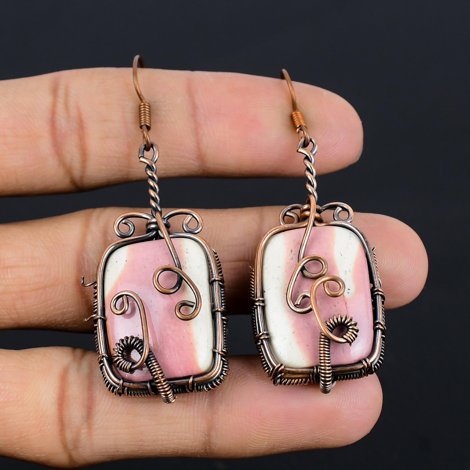 

Серьги из мокаита, ювелирные изделия из драгоценных камней, серьги, обмотанные медной проволокой 999 пробы, красивые серьги ручной работы 2.55 Inches