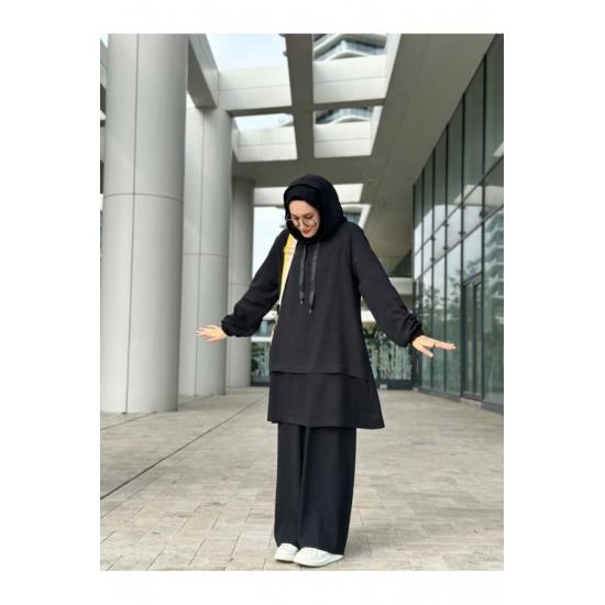 Women's Hooded Zippered Sleeves Elastic Wide Leg Pants Suit