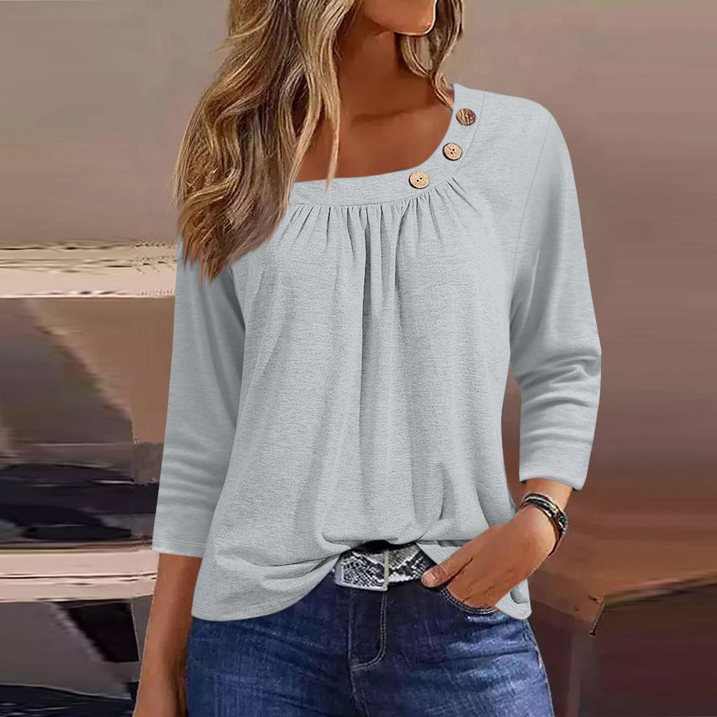 Damen T-Shirt mit Aufdruck, Knopfleiste, 3/4-Ärmel, für den Alltag, Wochenende, modisch, Basic, normale Passform