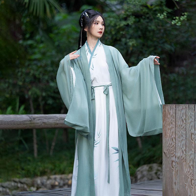 Velký dámský oblek ve stylu čínské dynastie Wei a Jin s potiskem bambusových listů Hanfu