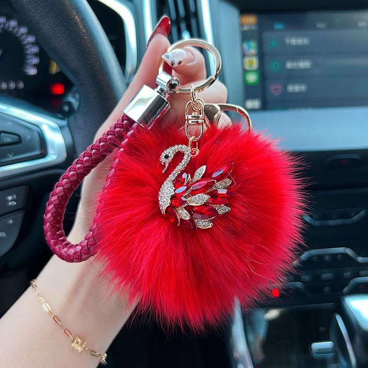Crystal Swan Creative Fox Fur Car Keychain Exquisite Chic Keyring Bag Pendant