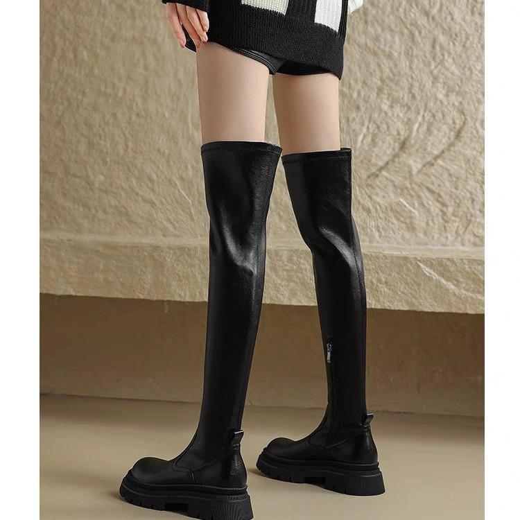 Europe can't stand off the tube over the knee long boots Spice Girl temperament round head thick sole elastic thin boots winter 2024 new