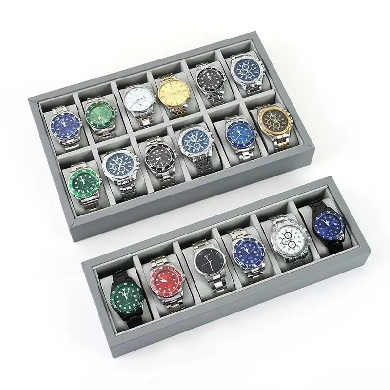 Gray Pu Leather Watch Display Tray With Large Capacity 6/12/24 Grid Watch Display Tray For Men And Women's Jewelry Storage