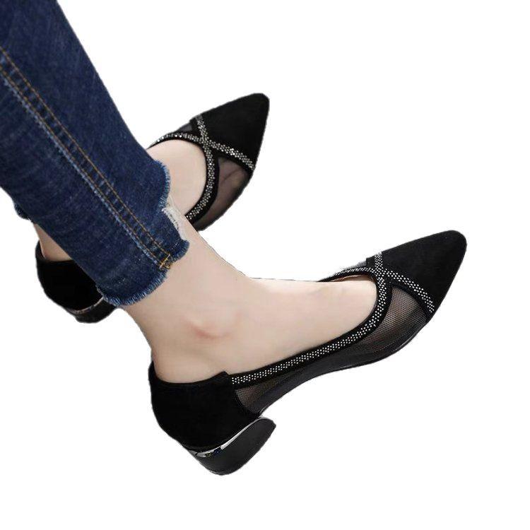 Breathable Mesh Sandals Women's 2025 New Summer Pointed Head Shallow Mouth Single Shoes Thick Heel Flat Bottom Versatile Comfortable Small Leather