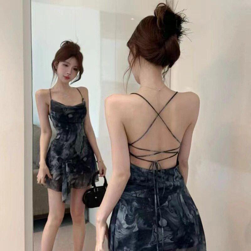 

Purely Sexy Style Hot Girl Cross-Back Irregular Print Spaghetti Strap Dress for Women, Summer Outerwear, Slimming and Versatile Short Dress Image color M