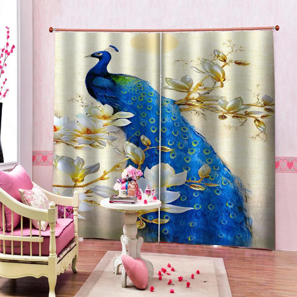Green Peacock Feather Blackout Curtains Beautiful Watercolor Bird Flower Peony Pattern Livingroom Decor Shading Cloth Drape 2Pcs