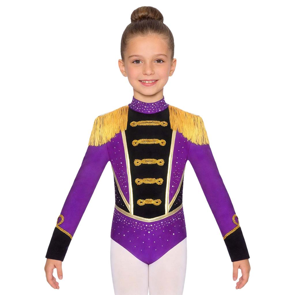Children‘s Circus Themed Leotard Sparkly Rhinestones Long Sleeve Tassel Shoulder Pads Contrast Color Bodysuit for Stage Performance