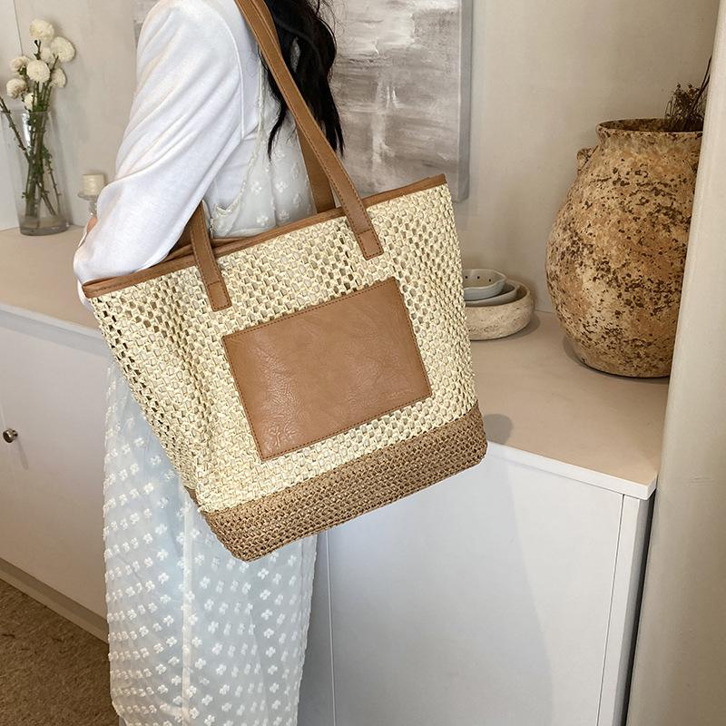 Women Crochet Beach Handbag PU Patchwork Weaving Travel Bag Contrast Color Simple Shoulder Bag Ladies Summer Daily Bag AVE