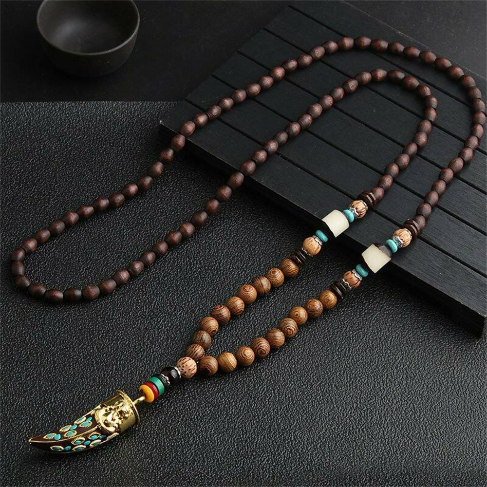 Unisex Handmade Nepal Buddhist Mala Wood Beads Pendant Necklace Boho Hippie Style Ethnic Long Pendant Men Women's Lucky Jewelry