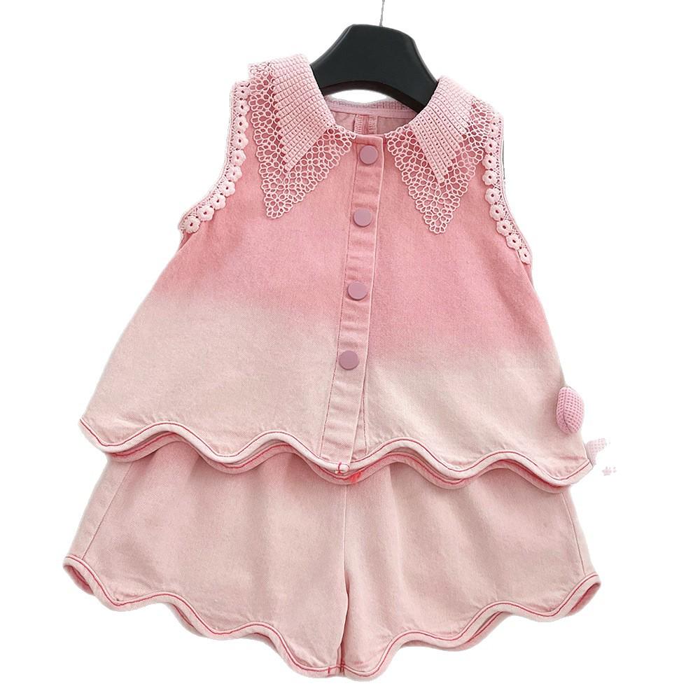 Girls' Summer Denim Lace Sleeveless Jacket & Shorts Set 2025