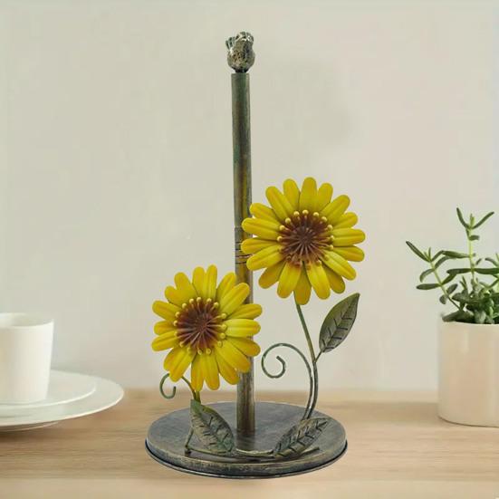 Kitchen Paper Towel Rack Vertical No-Drill Holder with Weighted Base Sunflower Design Dispenser for Kitchen Bathroom