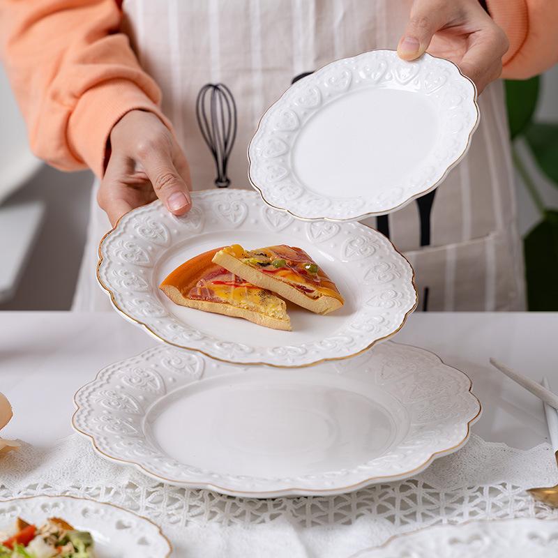 European-style Embossed Tableware with Gold Edges Household Ceramic Dishes Western Dishes Dessert Dishes Jewelry Set Plate