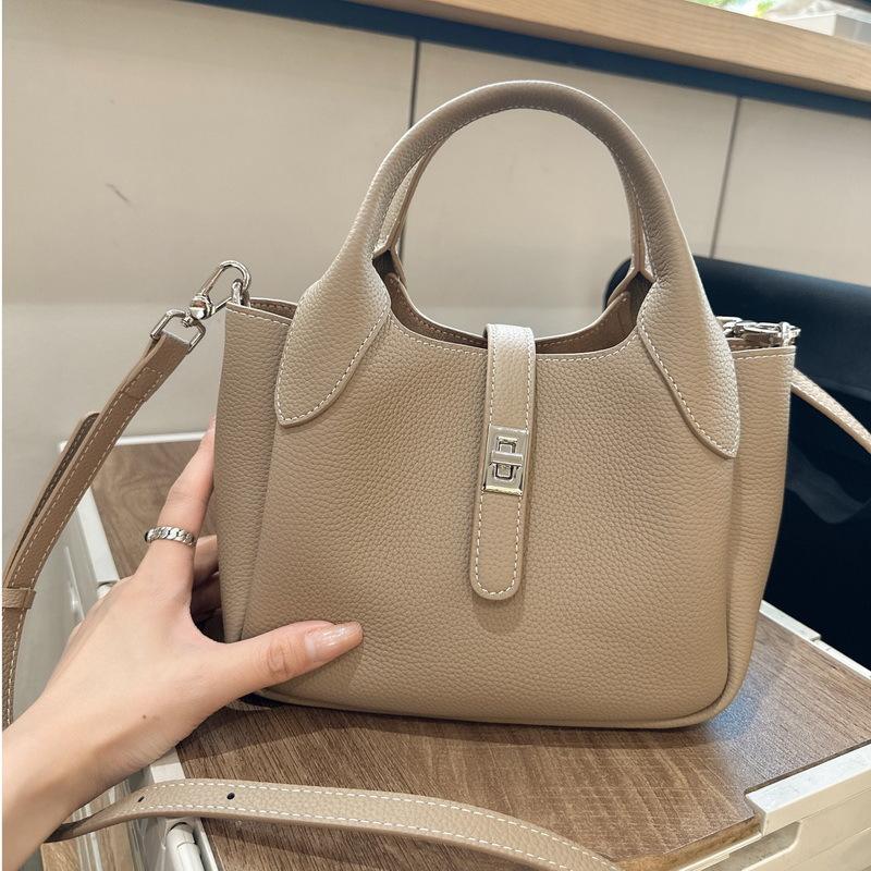 New Leather Women's Bag First Layer Cowhide Li Pattern Leather High-end Feeling Hand Carrying Bucket Bag Women's Lychee Pattern Basket Bag