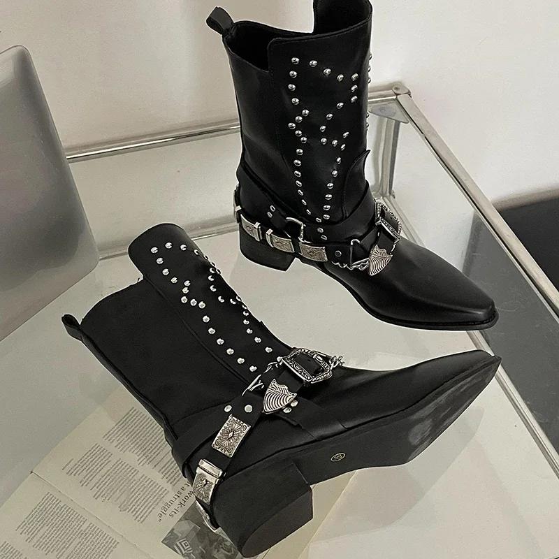 

Винтажные женские ковбойские сапоги с заклепками, модные туфли без застежек, осенне-зимние женские ботинки челси на квадратном каблуке 42