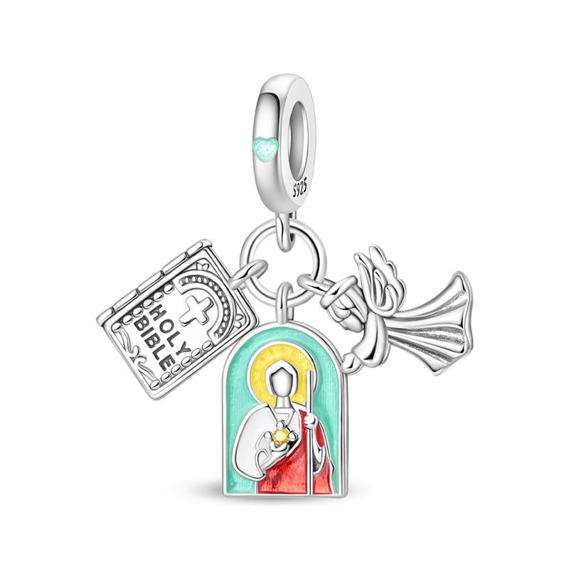 925 Silver Christian Charms Holy Bible Cross Virgin Mary Beaded Bracelet Jewelry Faith Slogan Gift for Religious Women
