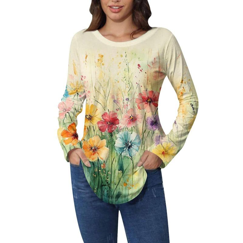 Shirts for Women Cute Vintage Pattern Print T-Shirt Long Sleeve Tunic Tops Cotton Pullovers T-Shirts Women’s