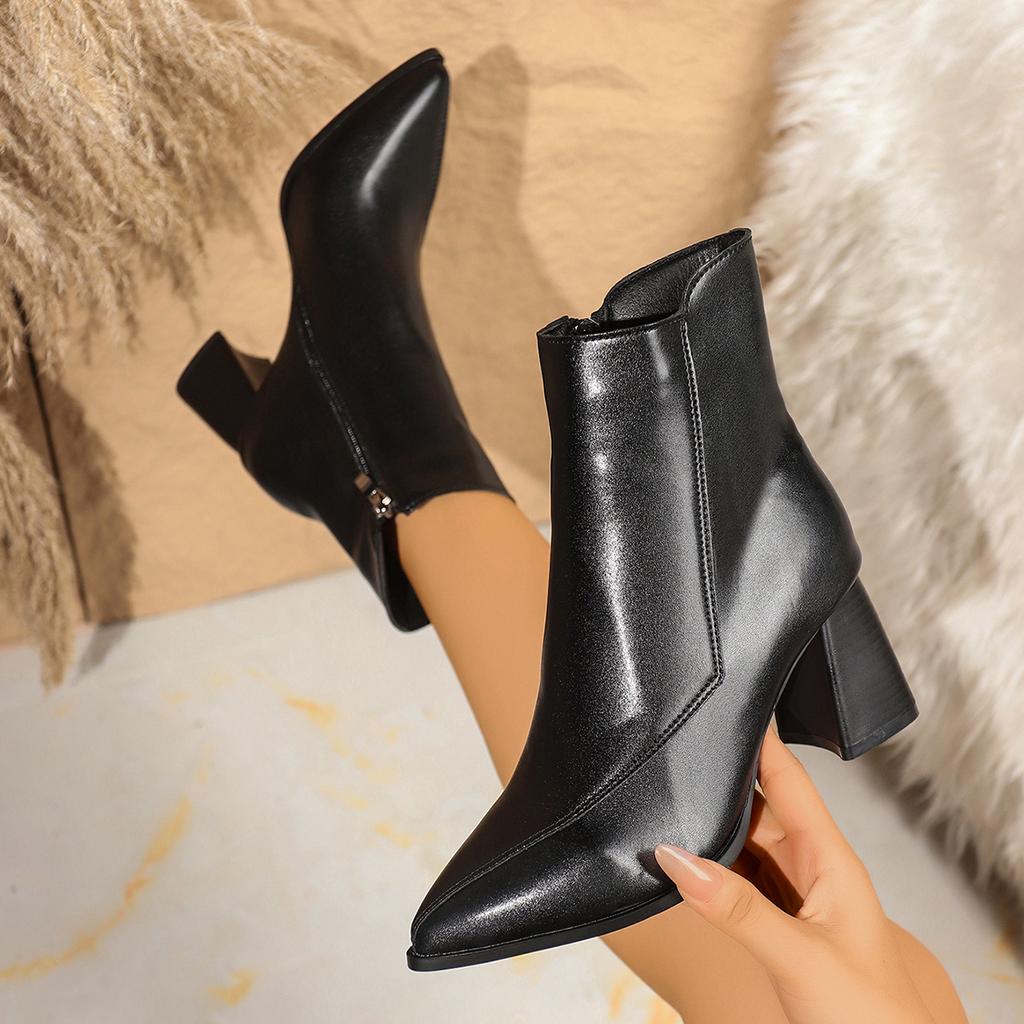 Fashion Spring and Autumn New British Style Thin and Thin Women's Boots Pointed Toe Thin Side Zipper Black Nude Boots Women