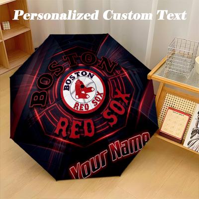 Boston Red Sox Automatic 8‑ribs Umbrella, Custom Name Text Personalized Folding Umbrella Rain Sun Gift