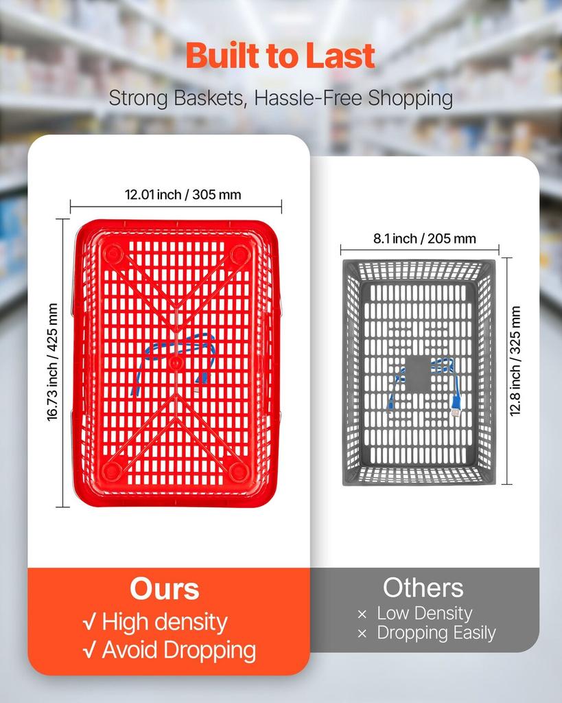 Shopping Baskets, 12 PCS, 21L Stackable PE Plastic Grocery Baskets with Metal Handles, Dense Mesh Structure, Holds up to 9.07kg, Portable for Grocery,