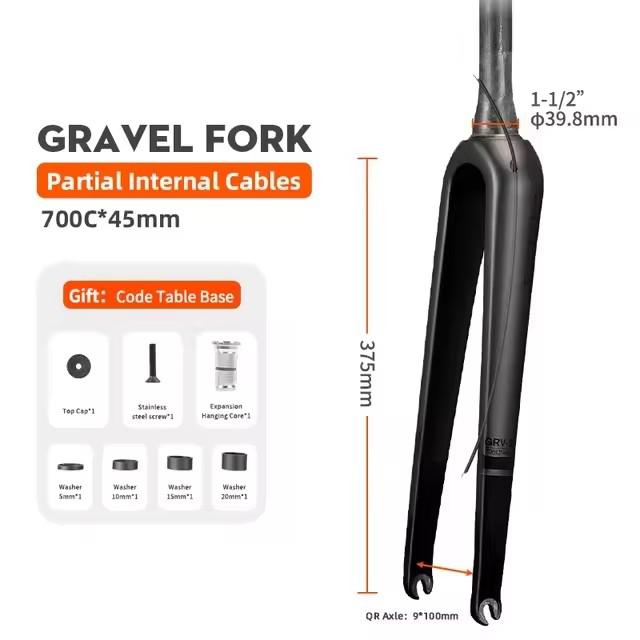 TOSEEK Gravel Fork 700C*45C T800 Carbon Fiber Bicycle Front Fork Road Bike Fork Tapered Forks QR 9*100mm or Thru Axle 12*100mm QR - External Cable