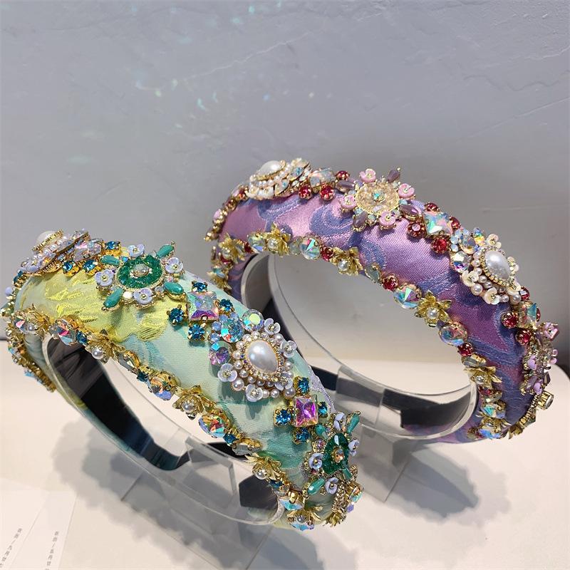 Women Full Rhinestone Headband Bling Sparkle Crystal Fashion Purple Green Hair Hoop Thick Padded Hairband For Parties