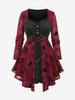 Rosegal Plus Size Lace Up Grommets Rose Flower Heart Flocking Mesh Ruched Asymmetrical Long Sleeve 2 In 1 Top