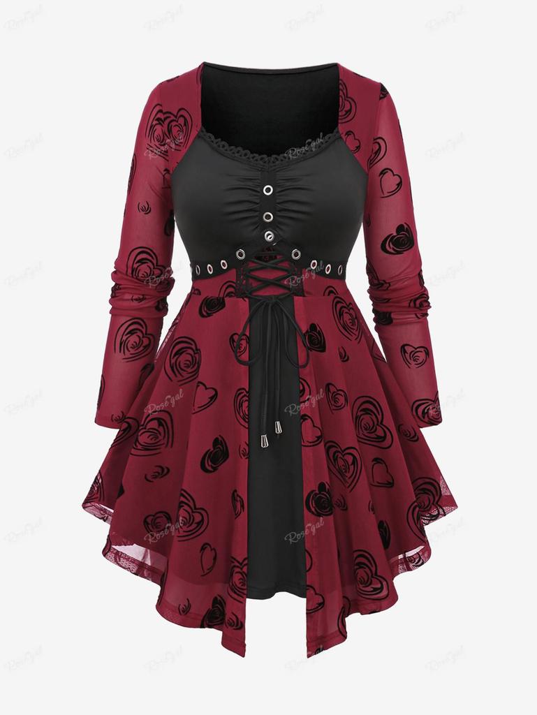 Rosegal Plus Size Lace Up Grommets Rose Flower Heart Flocking Mesh Ruched Asymmetrical Long Sleeve 2 In 1 Top