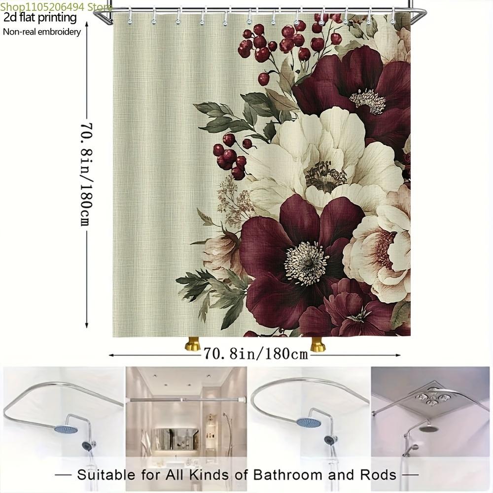 1pc 71x71 Inch Floral Shower Curtain - Large Burgundy & Cream Flowers with Green Leaves, Machine Washable Polyester, Elegant B
