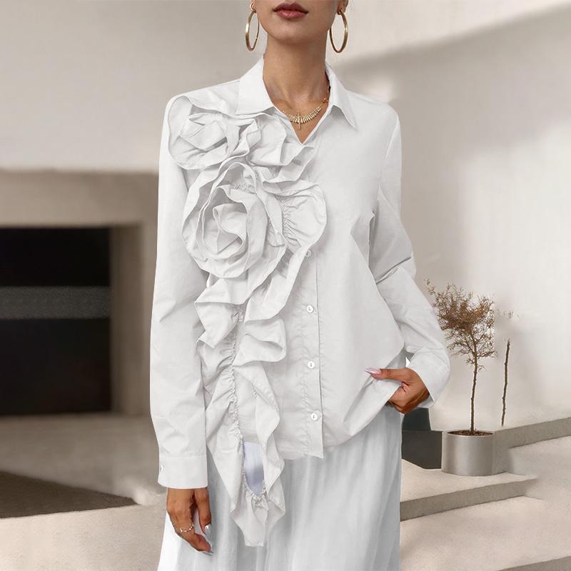 

ZANZEA Женская повседневная блузка с отложным воротником и длинным рукавом с 3D-цветочным узором S белый