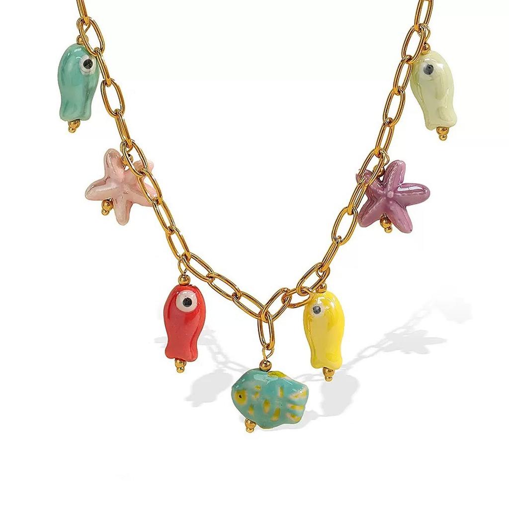 Fashionable Ceramic and Stainless Steel Oceanics Themed Adjustable Necklace With Starfish and Fish Pendant