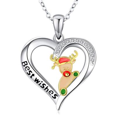 European & American Fashion Heart-shaped Christmas Reindeer Necklace: Colorful Drip Oil Love Pendant Jewelry for Women.