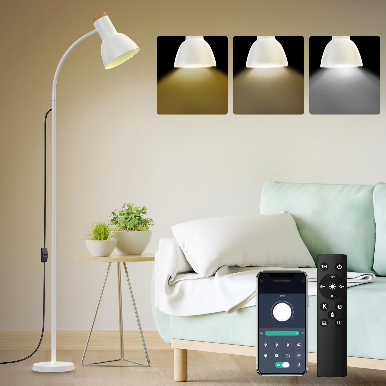 

Stylish LED floor lamp with E27 base, indirect lighting, LED bulb included, remote control, smartphone control, dimmable, color adjustable,