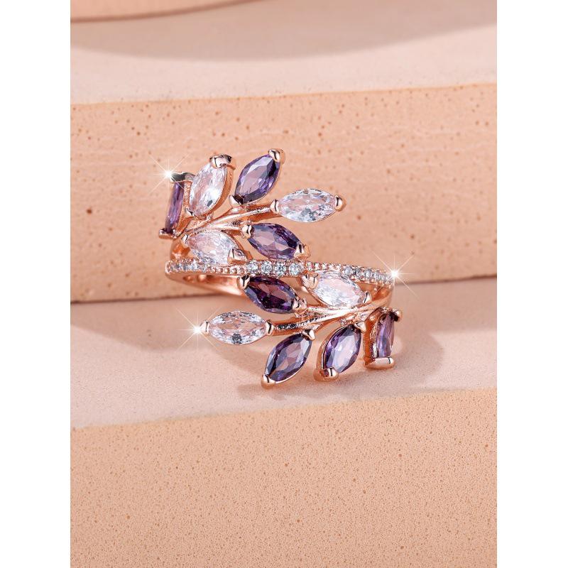 

Модное открытое кольцо с цирконом Лошадиный глаз и листом Adjustable золотой/ярко-розовый