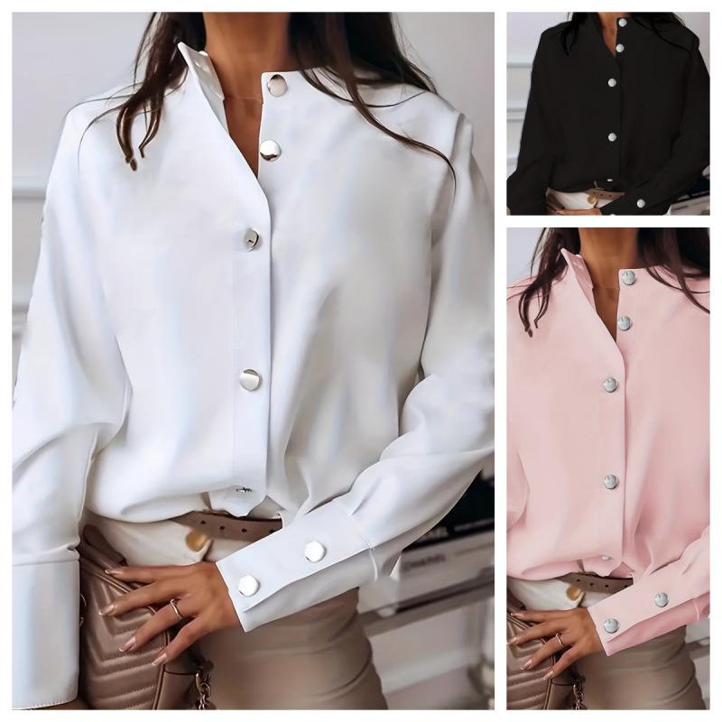 Women's Autumn Solid Color Metal Buckle Long-Sleeve Stand-Up Collar Shirt