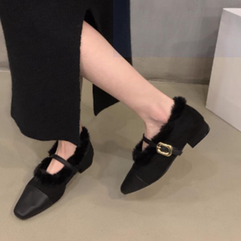 

Мех Женская Обувь на Каблуке Туфли Лоферы с Квадратным Носком Элегантные 2025 Новые Зимние Массивные Вечерние Женские Туфли-Лодочки Платье Бренд Zapatillas De Mujer 35 чёрный