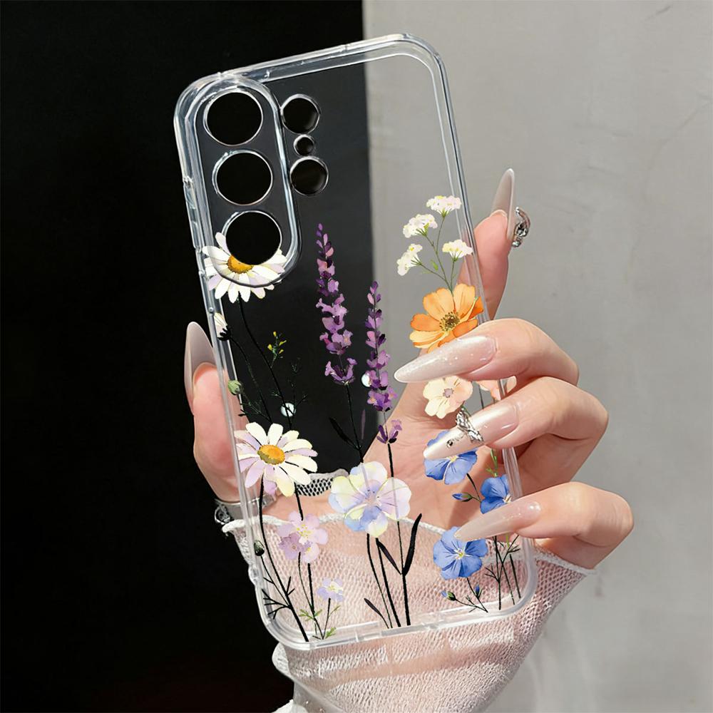 Cute Daisy Floral Transparent Phone Case For Samsung Galaxy S26 S25 S23 S22 Ultra Plus Clear Soft TPU Shockproof Flower Cover