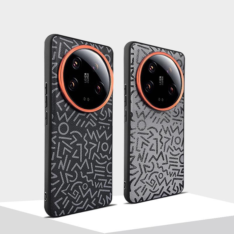 Bemalte Geometrische Graffiti Einfache Lederhülle für Xiaomi 13 Ultra Mi 14 Ultra Mi14 Pro Metall-Kamera-Öffnung Unabhängige Tastenabdeckung