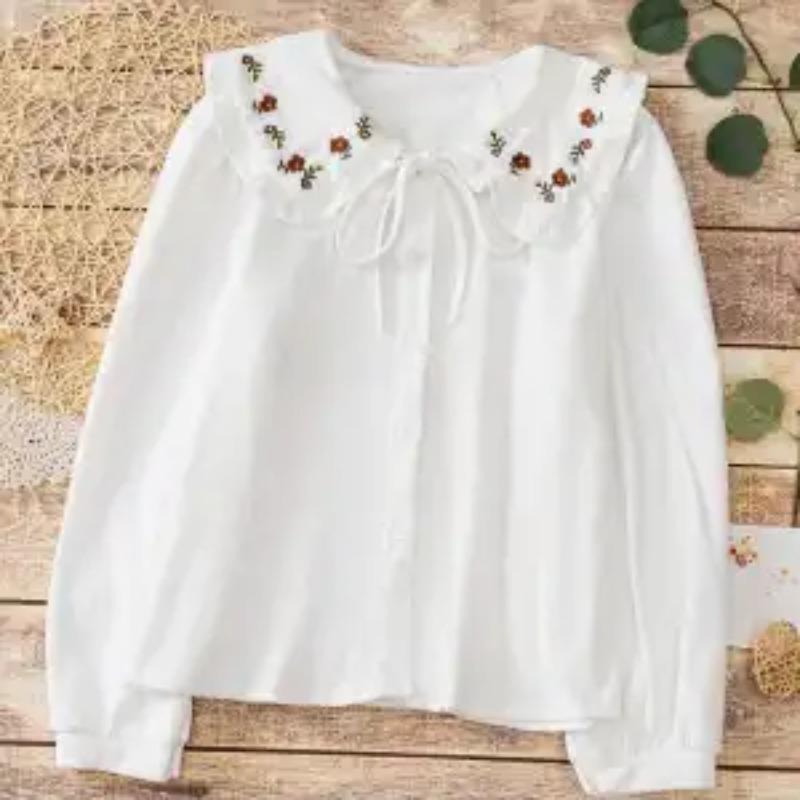 

Новая осенне-зимняя рубашка с вышивкой и воротником Питер Пэн для женщин, вельветовый топ с оборками и шнуровкой, длинный рукав S белый