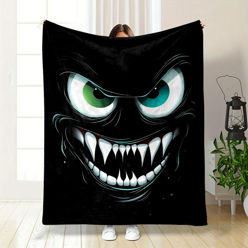 "Menacing Face with Sharp Teeth" Patterned blanket, flannel, suitable for all seasons, home decor, warm and cozy