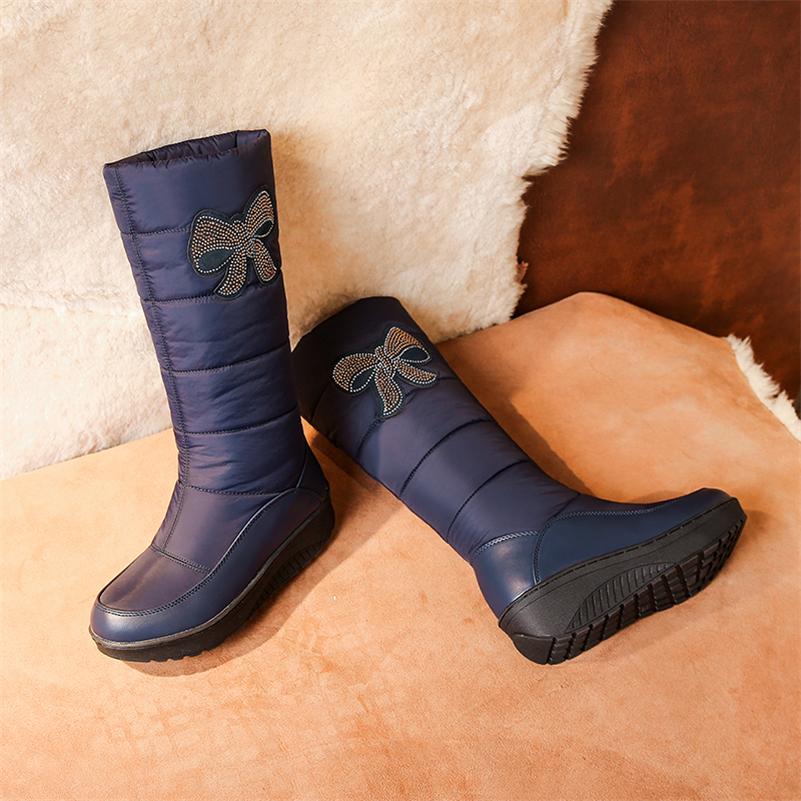 Women Mid Calf Boots Round Toe Flat Platform Mid Heels Crystal Platform Fur Bow Ladies Fashion Shoes Winter Black 44