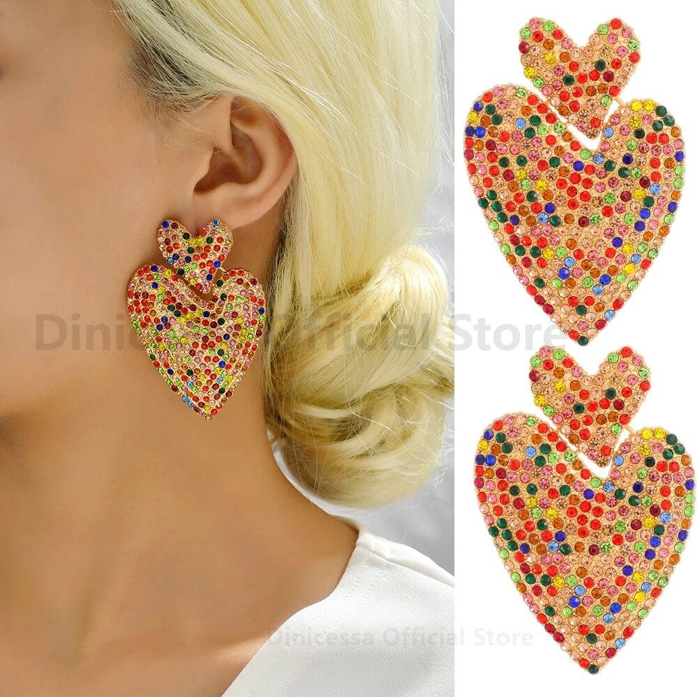 Decor metalic cu inimă, cercei cu picătură cu strasuri mari, pentru femei, farmec de tendință, design de lux, pandantiv pentru petrecere, accesorii de bijuterii