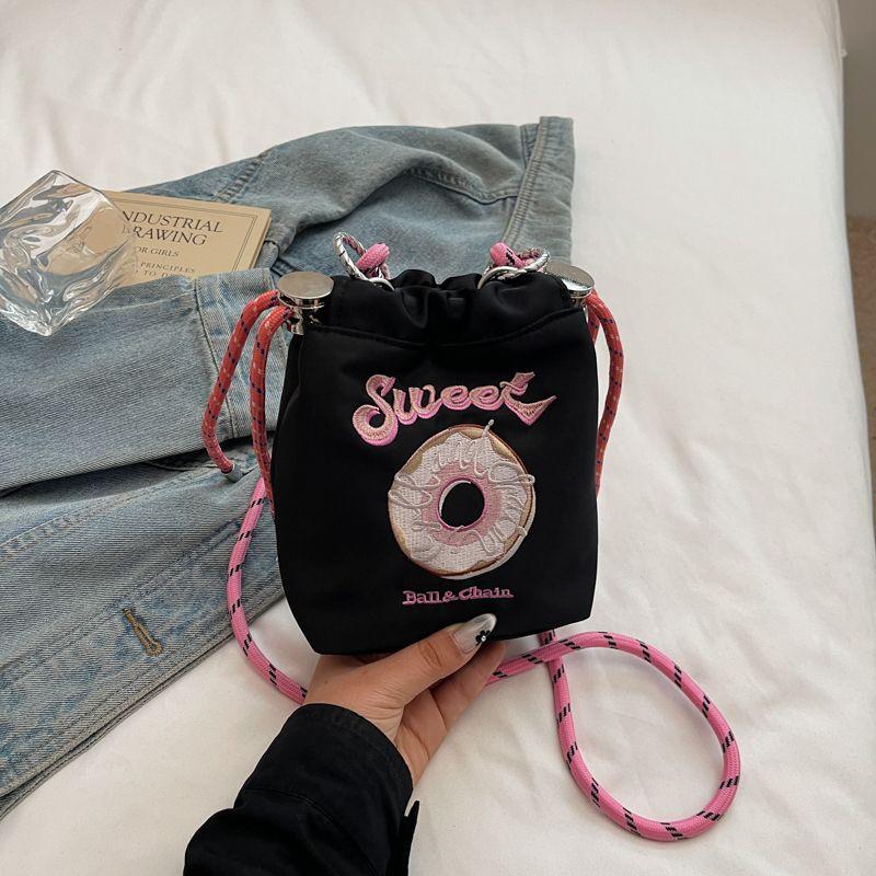

Cute Donut Embroidered Bucket Bag Women 2025 New Summer Lightweight Mobile Phone Drawstring Bag Shoulder Messenger Bag Black
