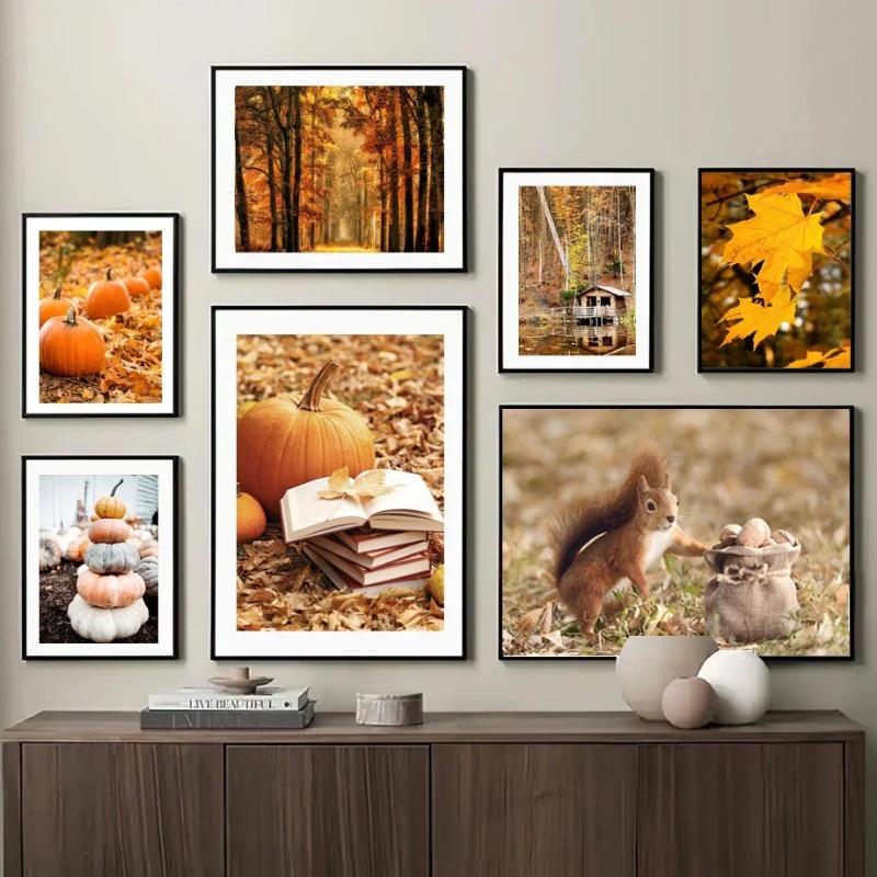 Autumn Yellow Fallen Leaves Scenery Canvas Painting Fall Pumpkin Halloween Wall Art Print Poster Modern Living Room Home Decor