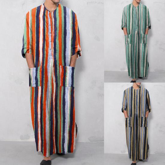 Gown Shirt Colorful Striped Pockets Single-breasted Round Neck Soft Long Shirt for Daily Wear