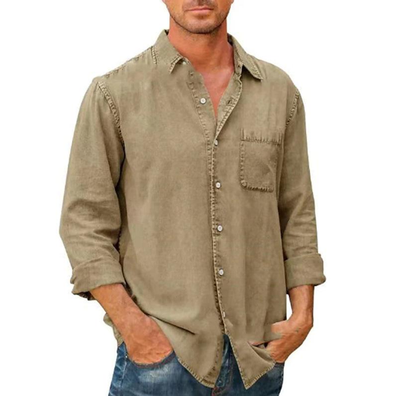 Spring Autumn Men's Lapel Solid Pocket Shirt Single Breasted Business Social Long-sleeved Shirts And Blouses